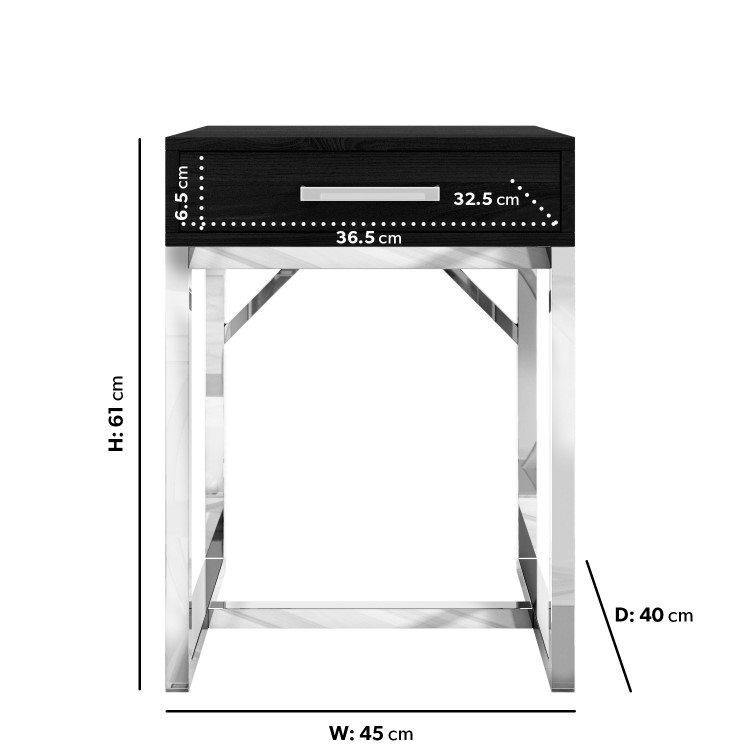 Black Modern Bedside Table with Drawer and Chrome Legs - Kaia