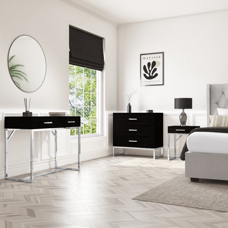 Black Modern Bedside Table with Drawer and Chrome Legs - Kaia
