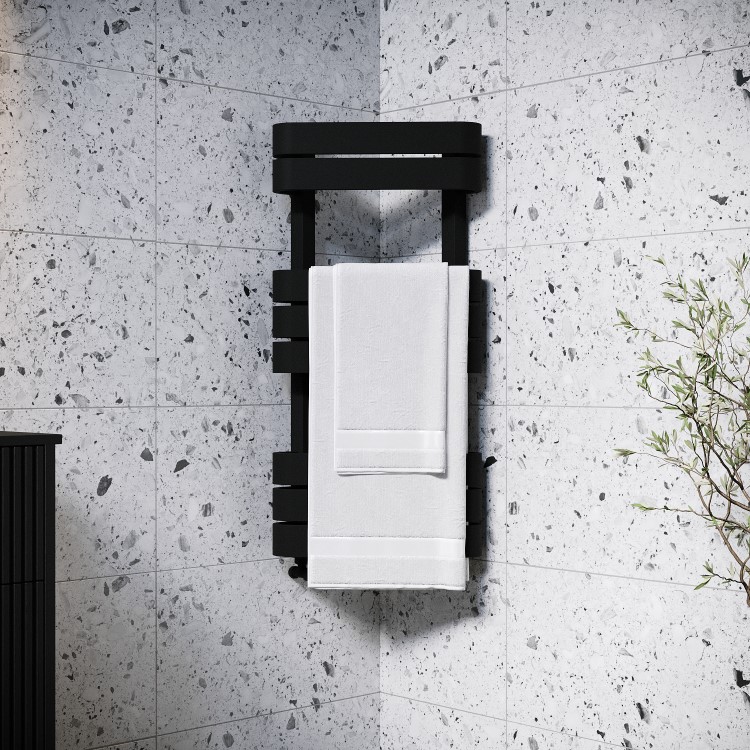GRADE A1 - Black Corner Towel Radiator 850 x 400mm – Kahli