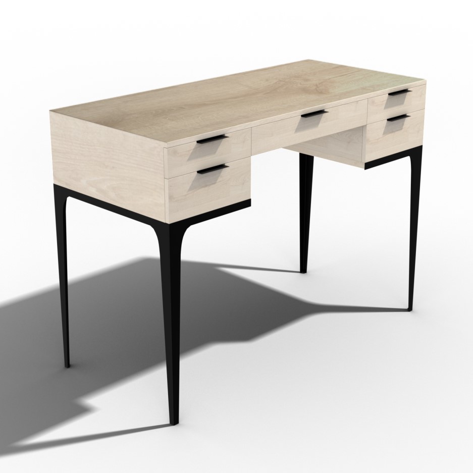 Modern Mango Wood Desk with 5 Drawers and Industrial Legs Kai