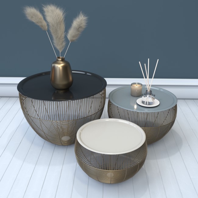 Gold Basket Tables with Grey & White Tops-  Kaisa