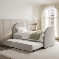 Grey Upholstered Single Guest Bed with Curved Headboard and Footboard - Kayla