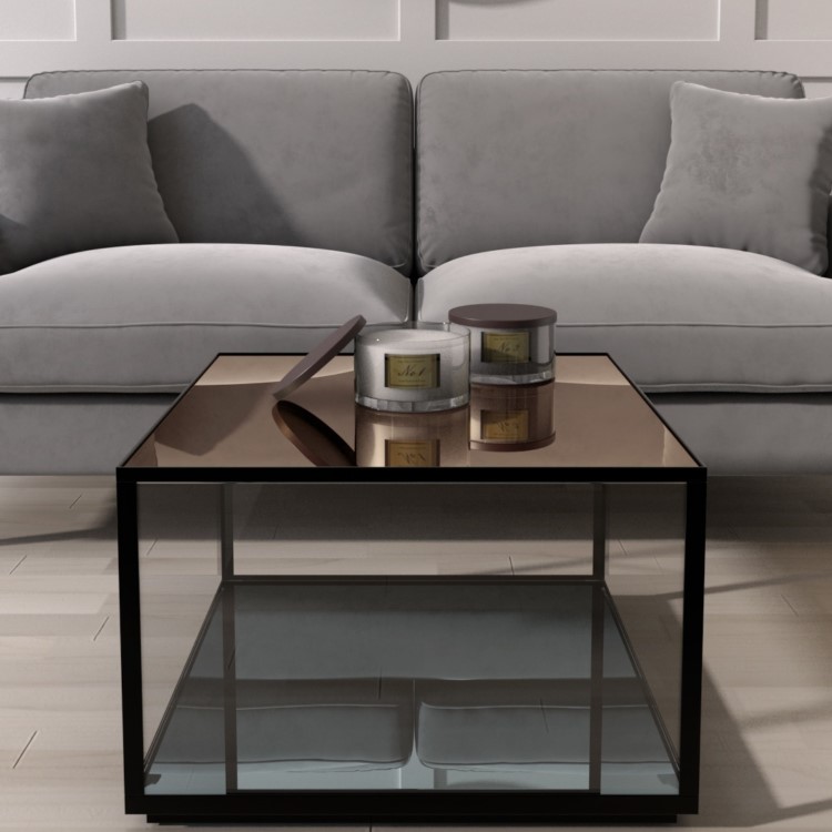 Mirrored Coffee Table with Black Metal Frame - Square
