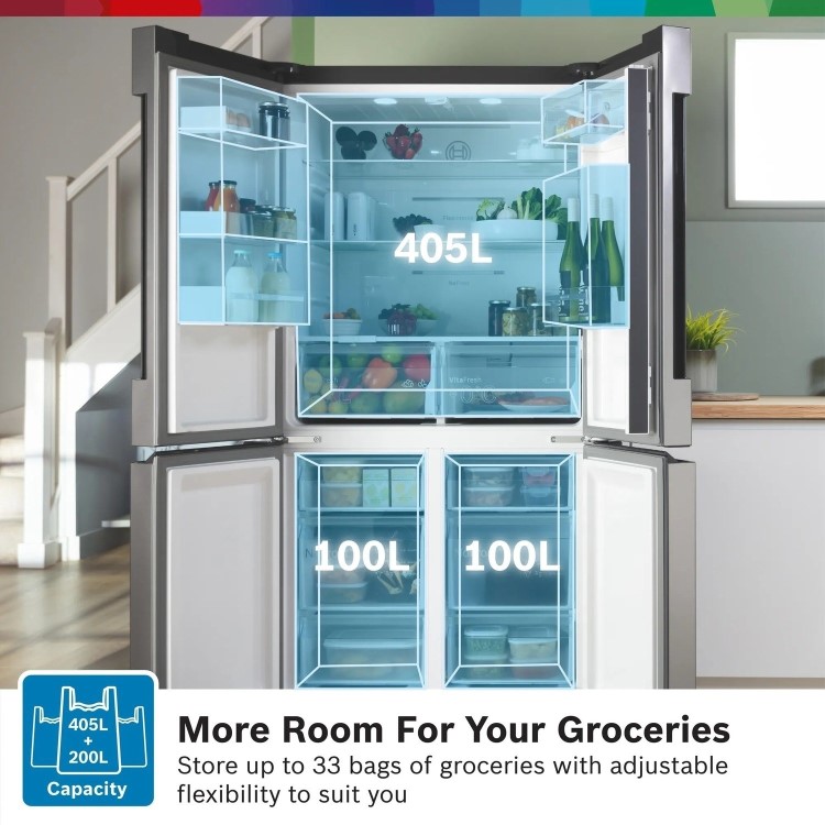 Bosch Series 4 605 Litre Four Door Freestanding Fridge Freezer - EasyClean Stainless Steel