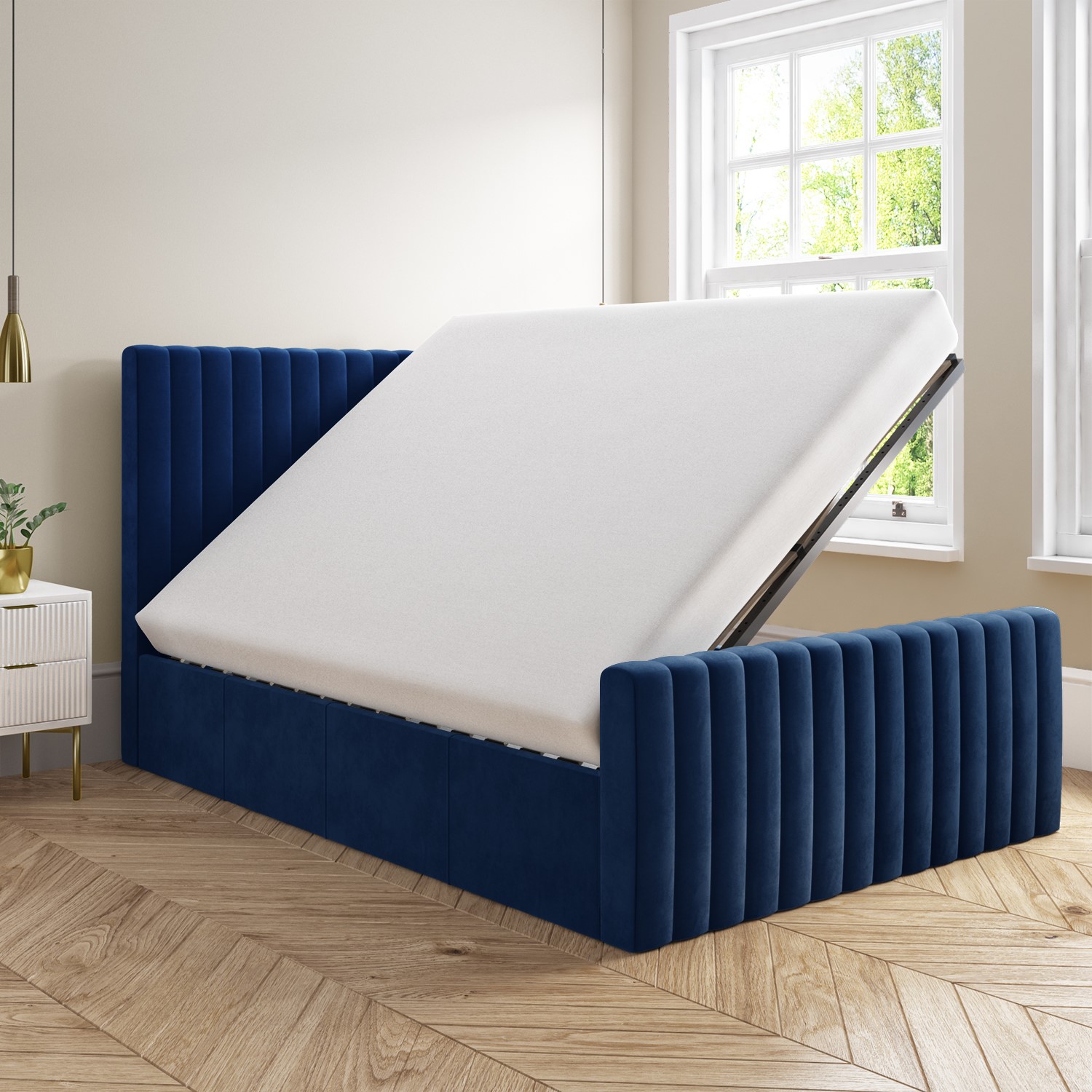Side Opening Navy Blue Velvet Double Ottoman Bed Khloe BuyItDirect.ie