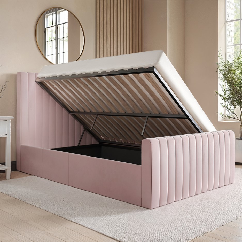 Khloe Double Side Ottoman Bed in Baby Pink Velvet BuyItDirect.ie