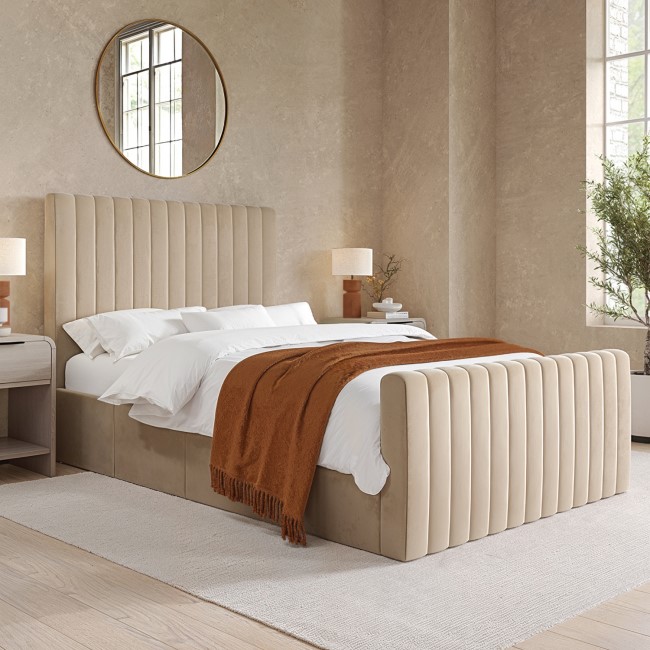 Side Opening Beige Velvet Double Ottoman Bed - Khloe