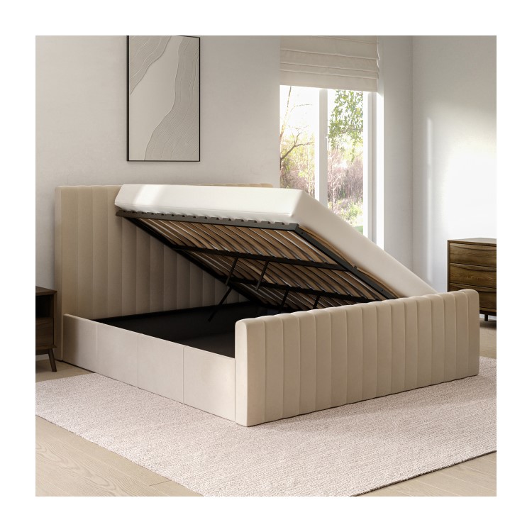 Side Opening Beige Velvet Super King Ottoman Bed - Khloe