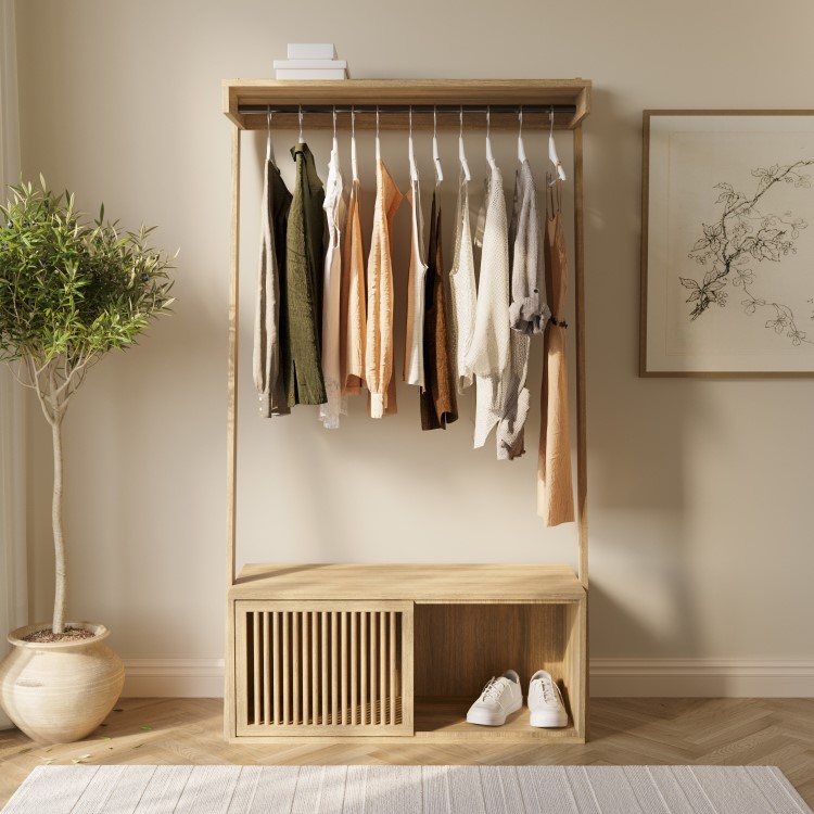 Solid Oak Open Wardrobe with Shelves - Kiyomi