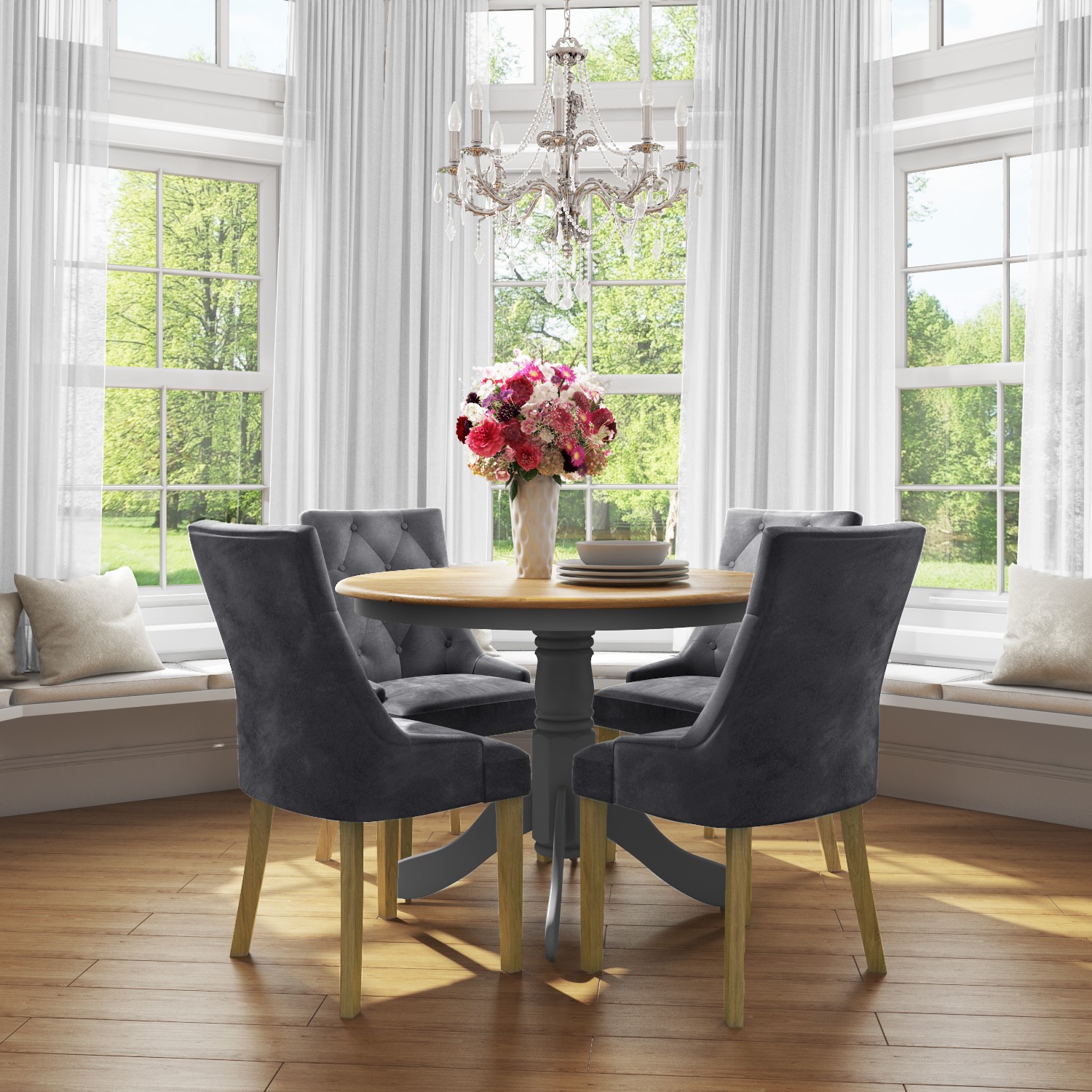 Kaylee Grey Velvet Dining Chairs with Oak Legs- Set of 2 - BuyItDirect.ie