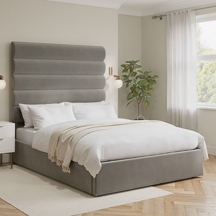 Mink Velvet Double Ottoman Bed with Tall Cushioned Headboard - Kendall