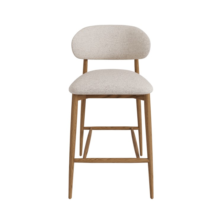 Beige Upholstered Curved Kitchen Stool with Solid Rustic Wood Exposed Back - Kori