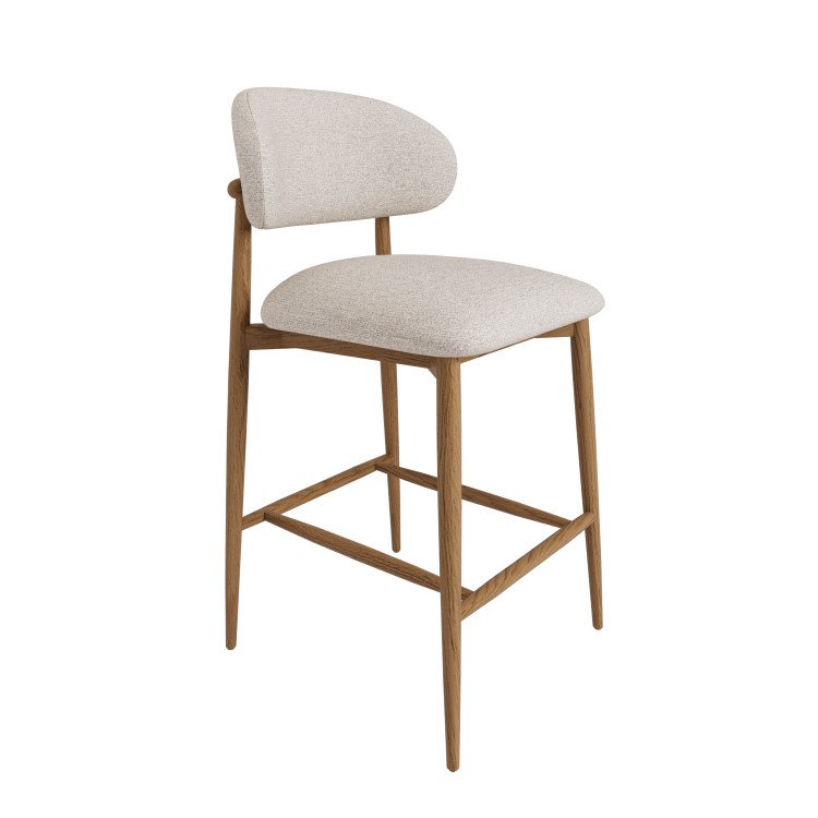 Beige Upholstered Curved Kitchen Stool with Solid Rustic Wood Exposed Back - Kori