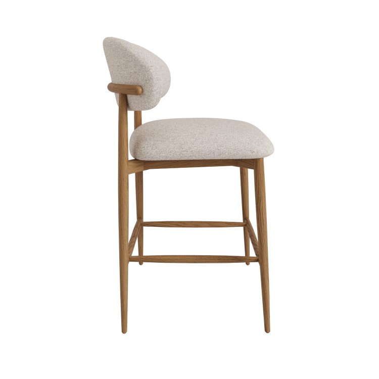 Beige Upholstered Curved Kitchen Stool with Solid Rustic Wood Exposed Back - Kori