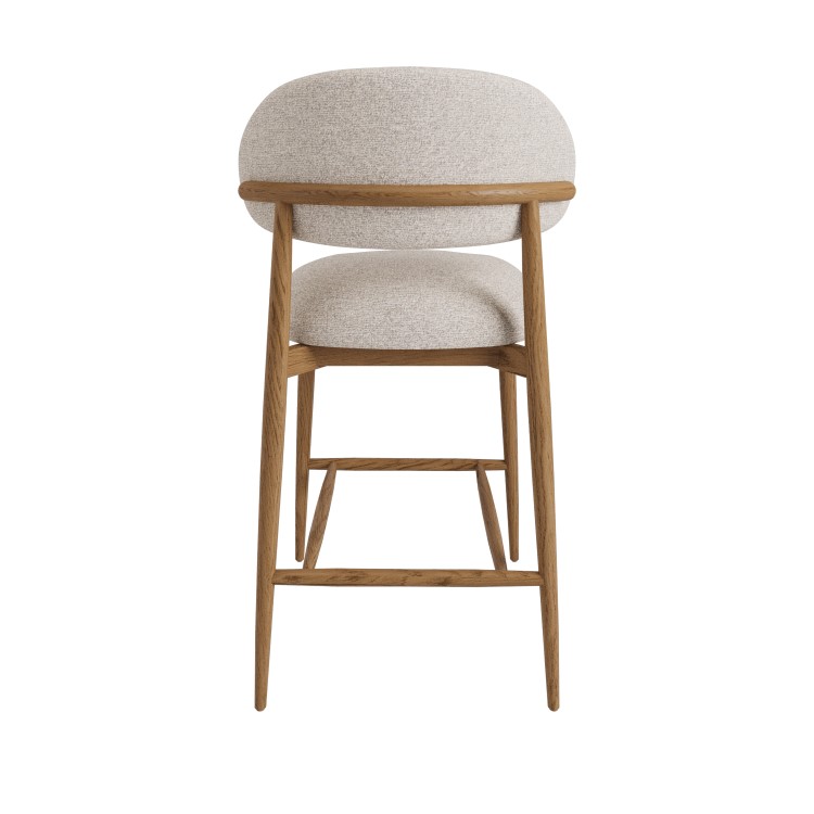 Beige Upholstered Curved Kitchen Stool with Solid Rustic Wood Exposed Back - Kori
