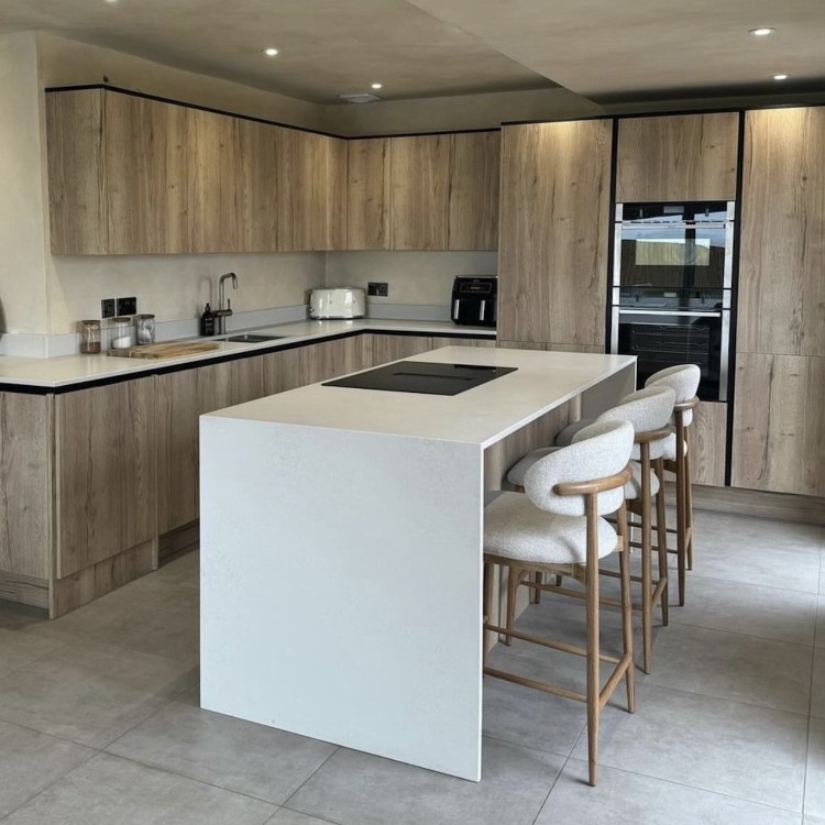 Beige Upholstered Curved Kitchen Stool with Solid Rustic Wood Exposed Back - Kori