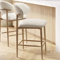 Cream Upholstered Curved Kitchen Stool with Limewash Solid Oak Exposed Back - Kori
