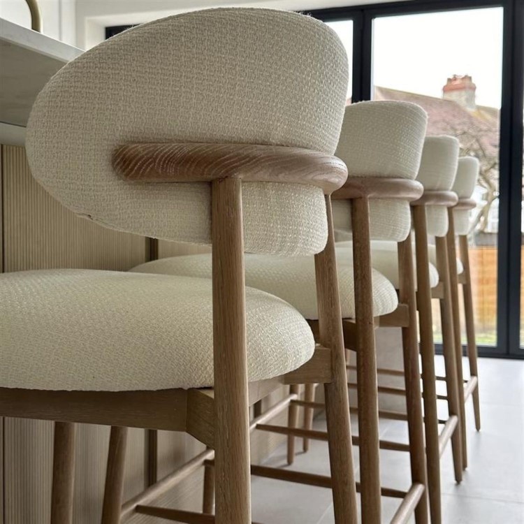 Cream Upholstered Curved Kitchen Stool with Limewash Solid Oak Exposed Back - Kori