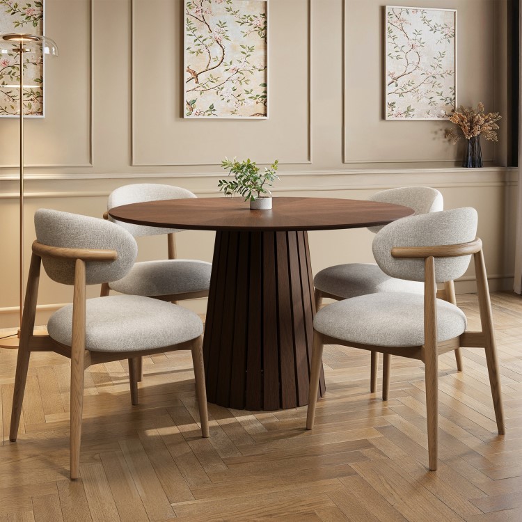 Beige Upholstered Curved Dining Chair with Solid Rustic Wood Open Back - Kori