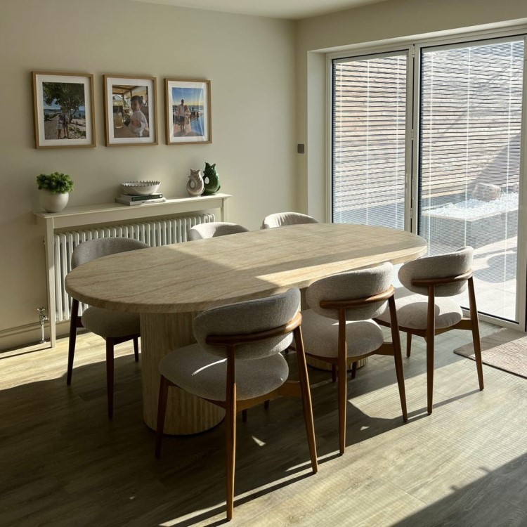 Beige Upholstered Curved Dining Chair with Solid Rustic Wood Open Back - Kori