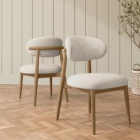 Beige Upholstered Curved Dining Chair with Solid Rustic Oak Open Back - Kori