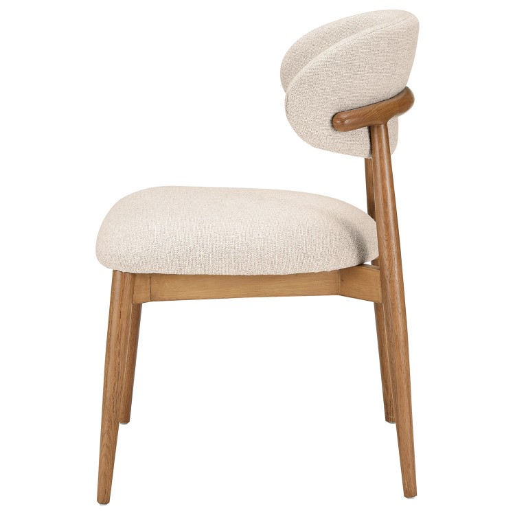 Round Walnut Dining Table Set with 4 Beige Upholstered Curved Dining Chairs - Owen