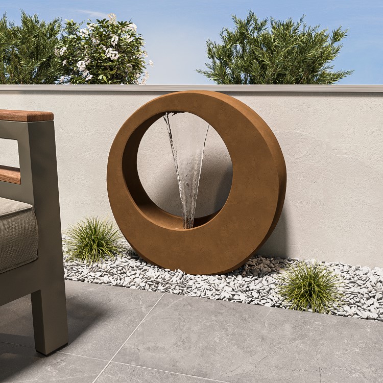 Round Water Feature with LED Lights - Copper Polyresin 