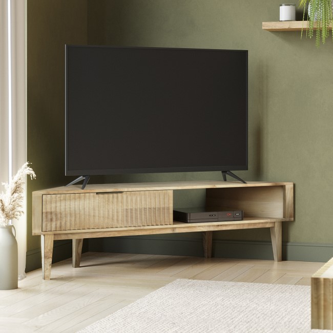 Large Solid Mango Fluted Wood Corner TV Stand with Storage - TV's up to 55" - Linea