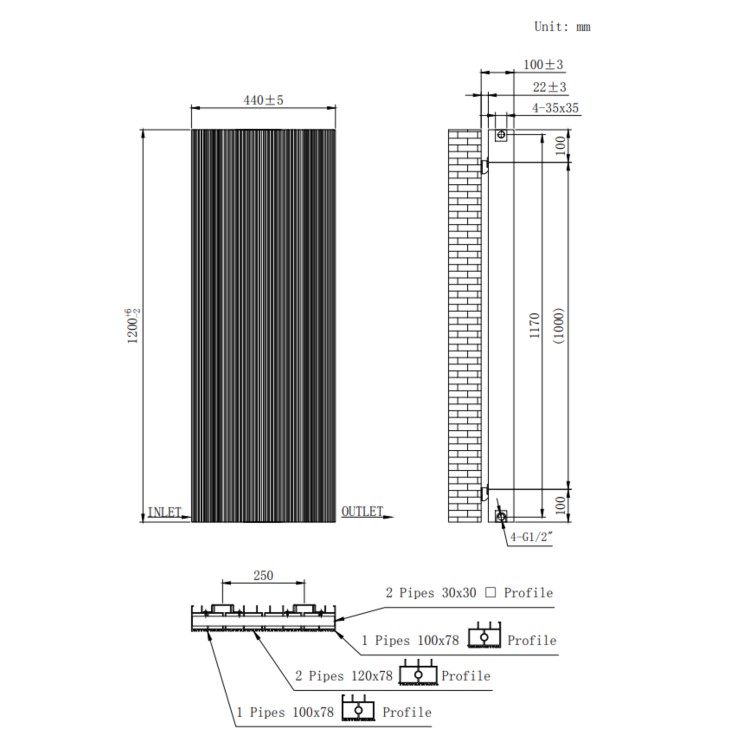 White Designer Vertical Single Panel Radiator 1200 x 440mm - Laguna