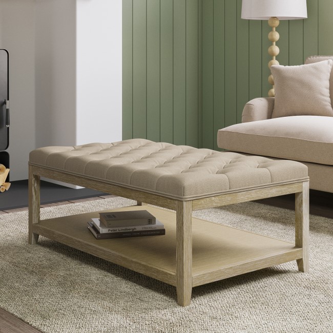 Large Rectangular Beige Linen Upholstered Coffee Table Footstool - Lillian