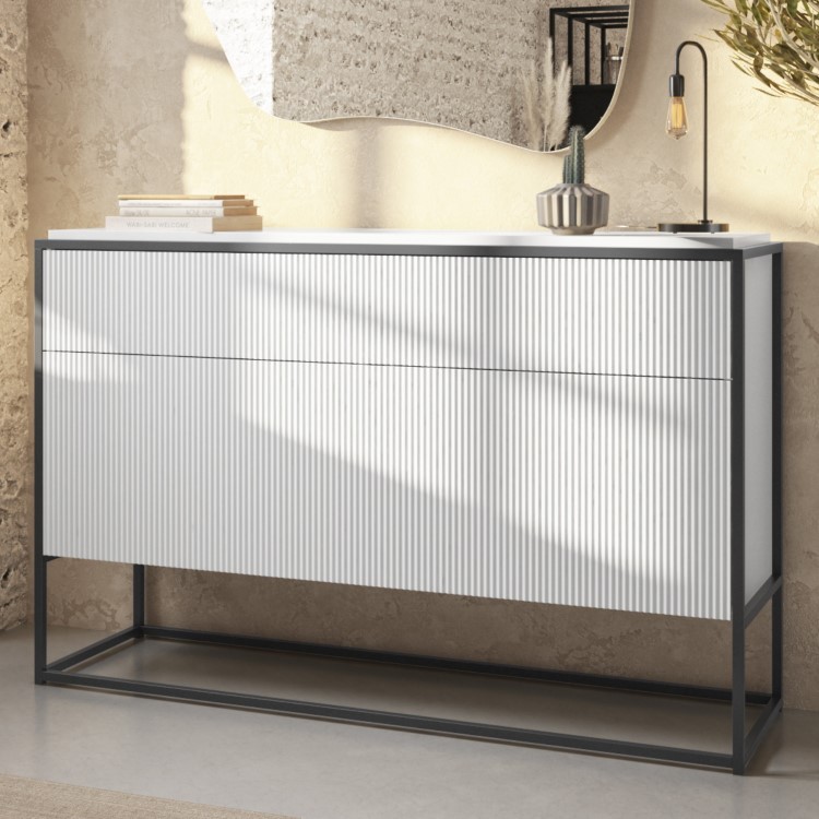 White Ribbed Office Storage Cabinet - Larsen