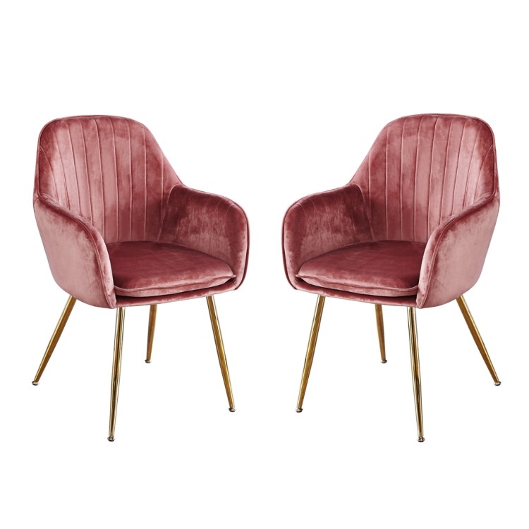 Set of 2 Pink Velvet Dining Chairs with Gold Legs - Lara