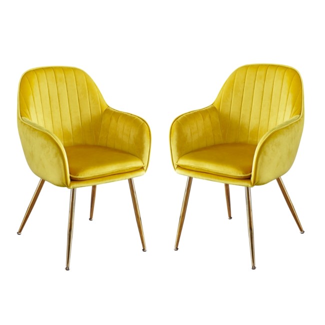 Set of 2 Yellow Velvet Dining Chairs with Gold Legs - Lara