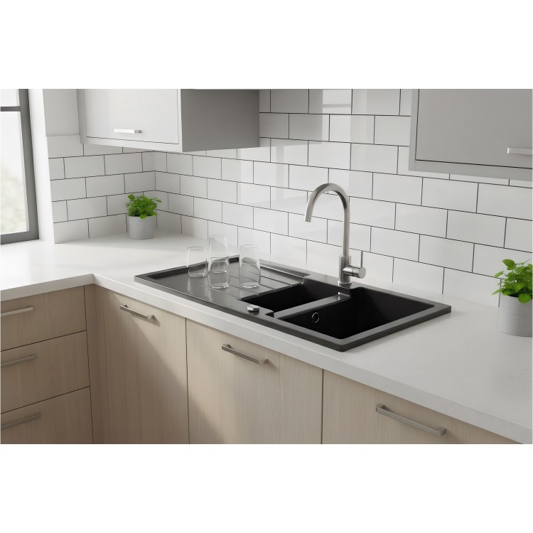 1.5 Bowl Black Granite Composite Inset Kitchen Sink & Waste - 1017 x 512mm - Laurie