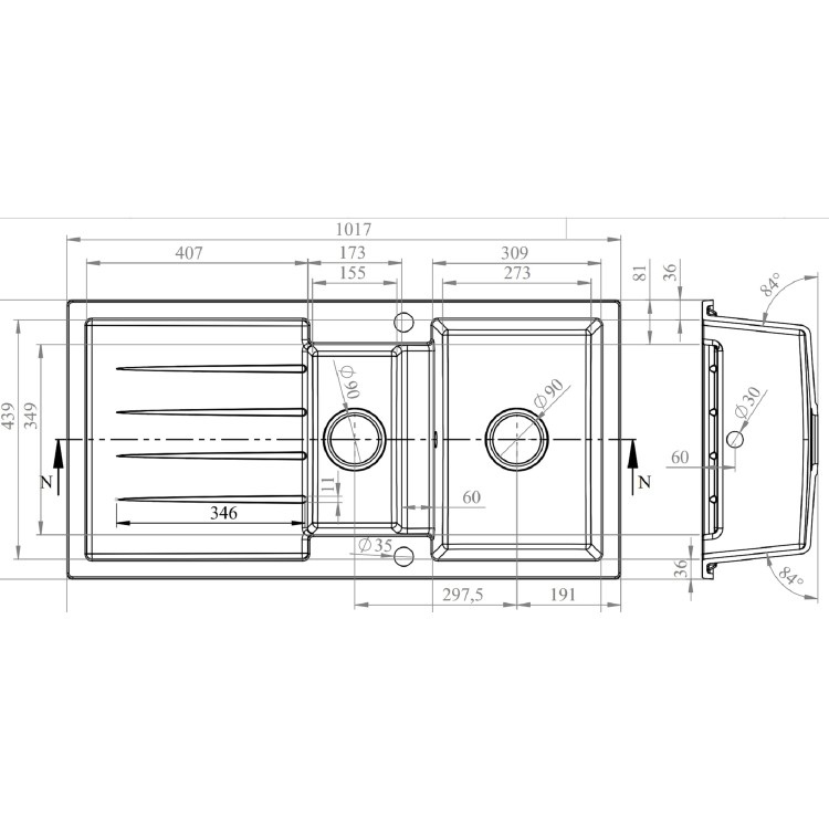 1.5 Bowl Black Granite Composite Inset Kitchen Sink & Waste - 1017 x 512mm - Laurie
