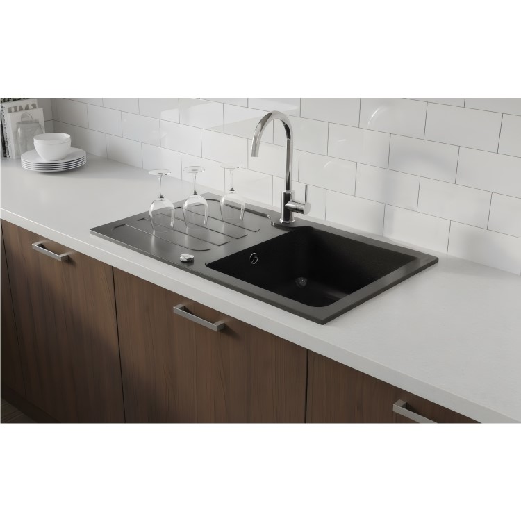 1 Bowl Black Granite Composite Inset Kitchen Sink & Waste - 860 x 500mm - Laurie