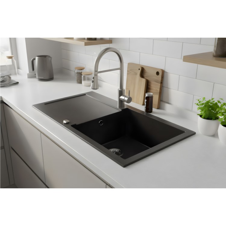 Large 1 Bowl Black Granite Composite Inset Kitchen Sink & Waste - 970 x 500mm - Laurie