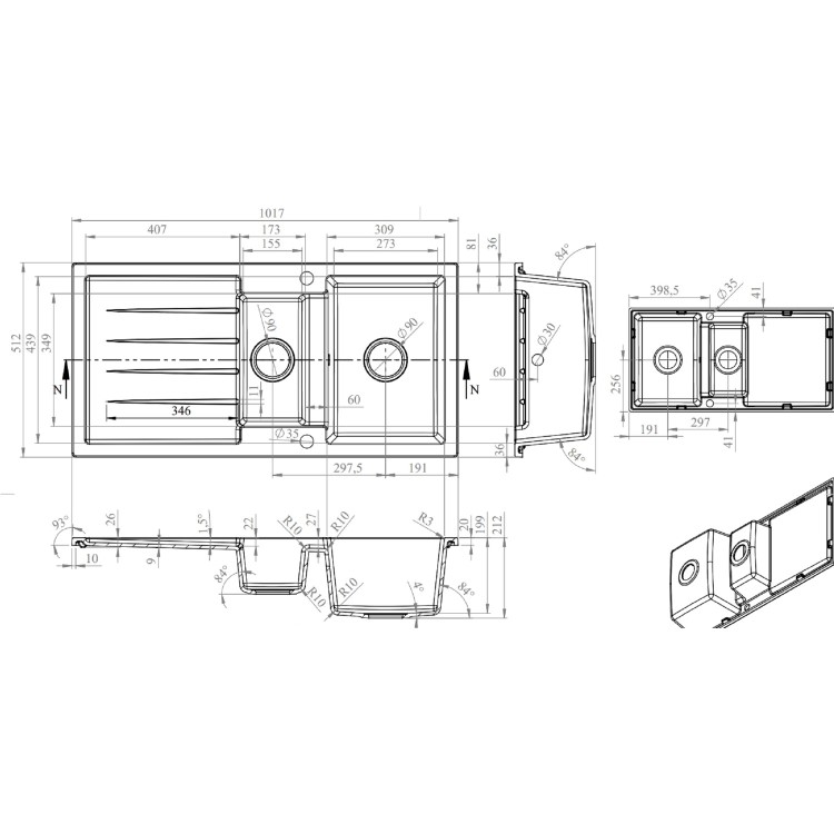 Large 1 Bowl Black Granite Composite Inset Kitchen Sink & Waste - 970 x 500mm - Laurie