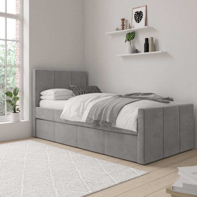 Single Guest Bed with Trundle in Grey Velvet - Layla