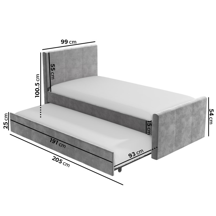 Single Guest Bed with Trundle in Grey Velvet - Layla