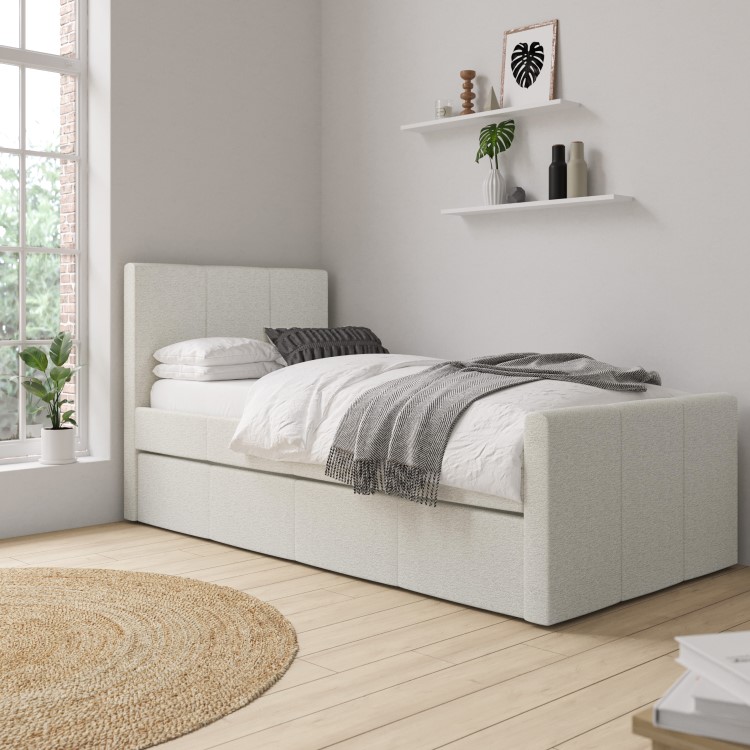 Single Guest Bed with Trundle in Cream Fabric - Layla