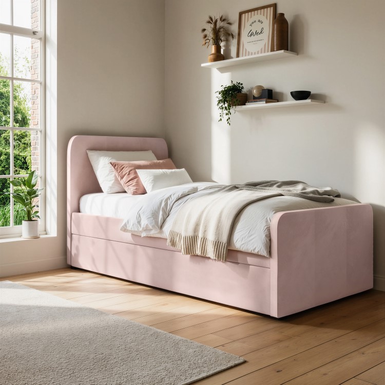 Pink Velvet Single Guest Bed with Trundle - Layla