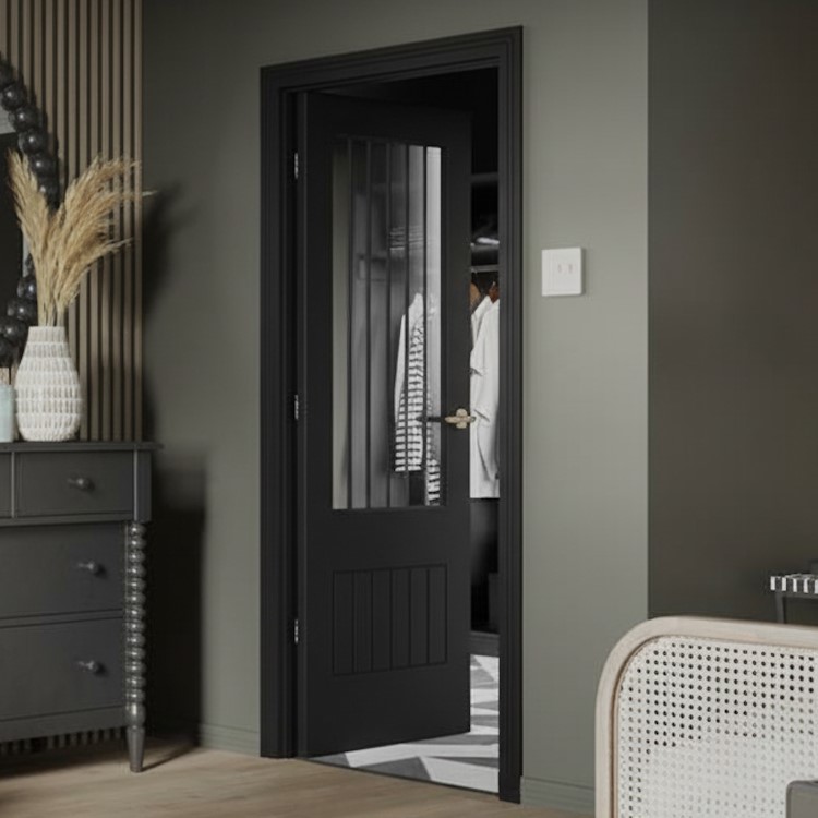Internal Black Half-Glazed Cottage Door with Clear Etched Glass - 1981 x 610 x 35mm - Suffolk - XL Joinery
