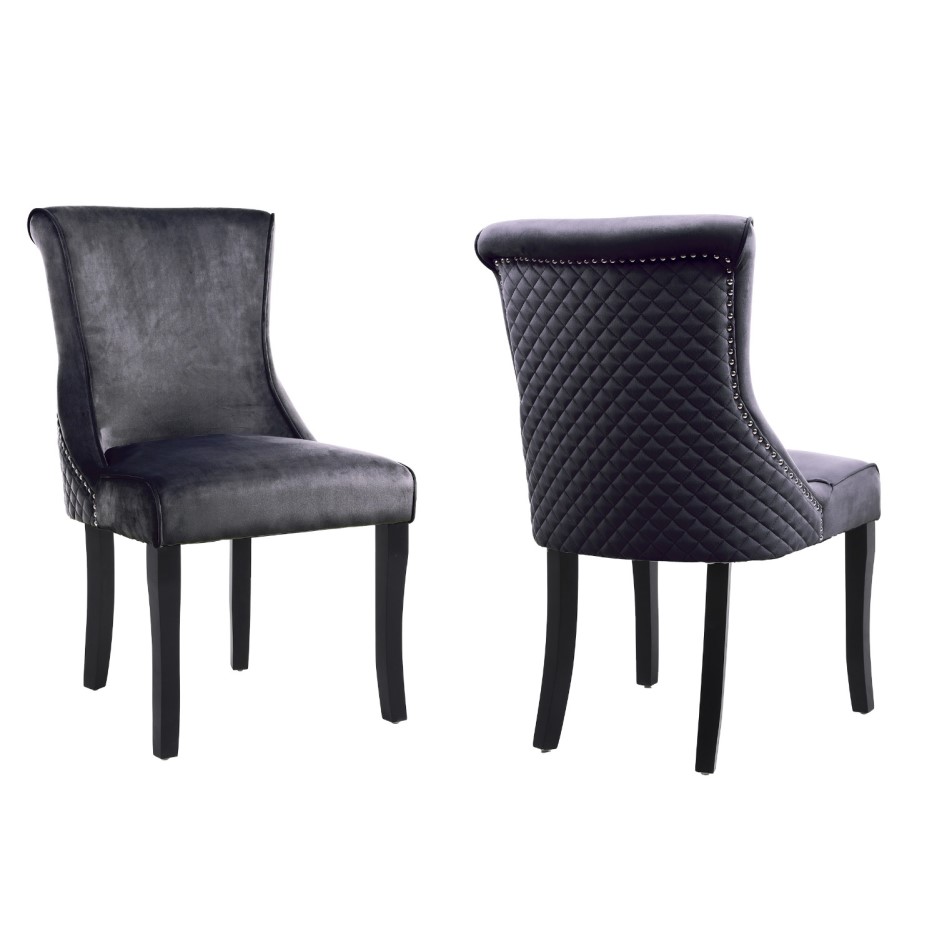 Pair of Dark Grey Velvet Dining Chairs with Quilted Back Lucille