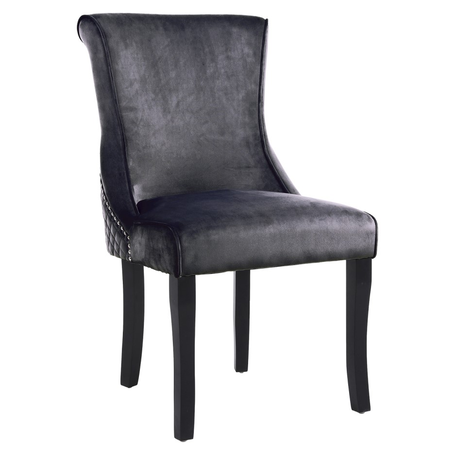 Pair of Charcoal Grey Velvet Dining Chairs with Black Legs and Quilted