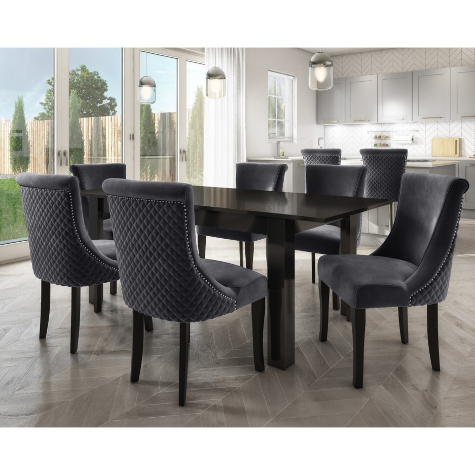 Pair of Charcoal Grey Velvet Dining Chairs with Black Legs and Quilted