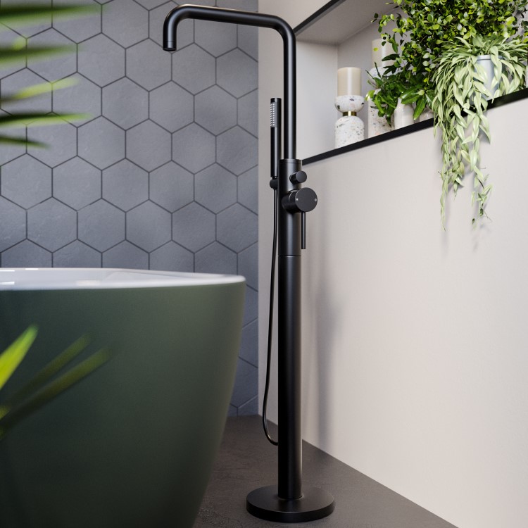 GRADE A1 - Matt Black Freestanding Bath Shower Mixer Tap - Lenton