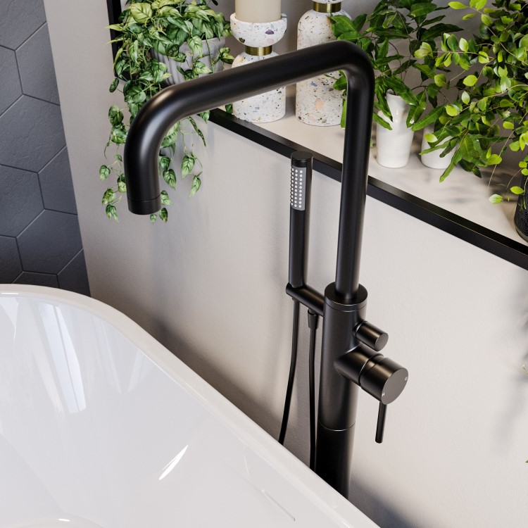 GRADE A1 - Matt Black Freestanding Bath Shower Mixer Tap - Lenton