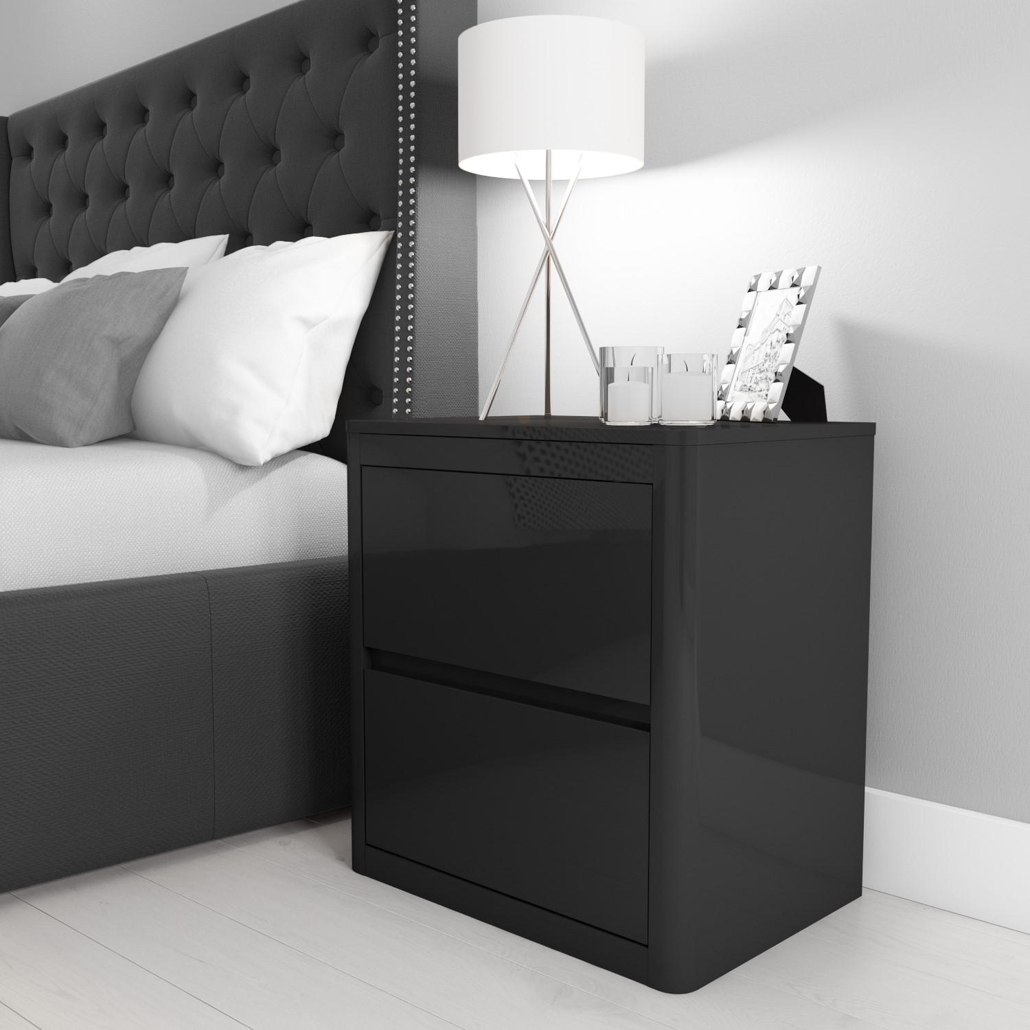 Lexi High Gloss Anthracite Grey 2 Drawer Bedside Table Buy It Direct