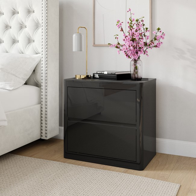 Grey High Gloss Curved 2 Drawer Bedside Table - Lexi